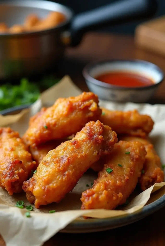 Deep-fried chicken wings with a golden, crispy exterior and dipping sauce.