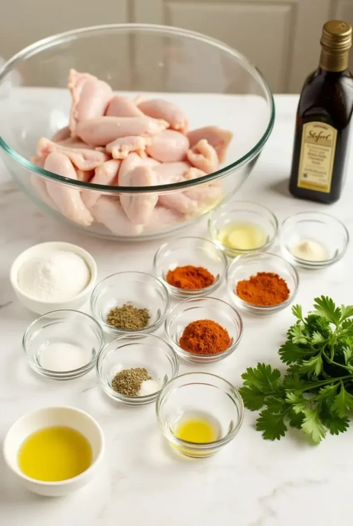 Fresh ingredients for making crispy chicken wings, including chicken wings, olive oil, seasonings, and herbs.