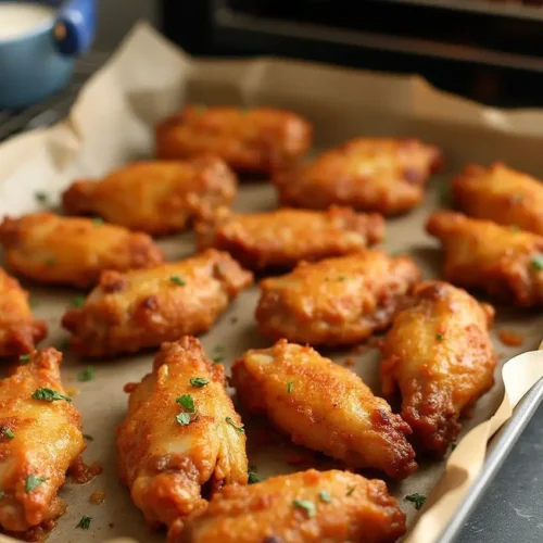 Golden, crispy oven-baked chicken wings on a baking sheet with seasoning.