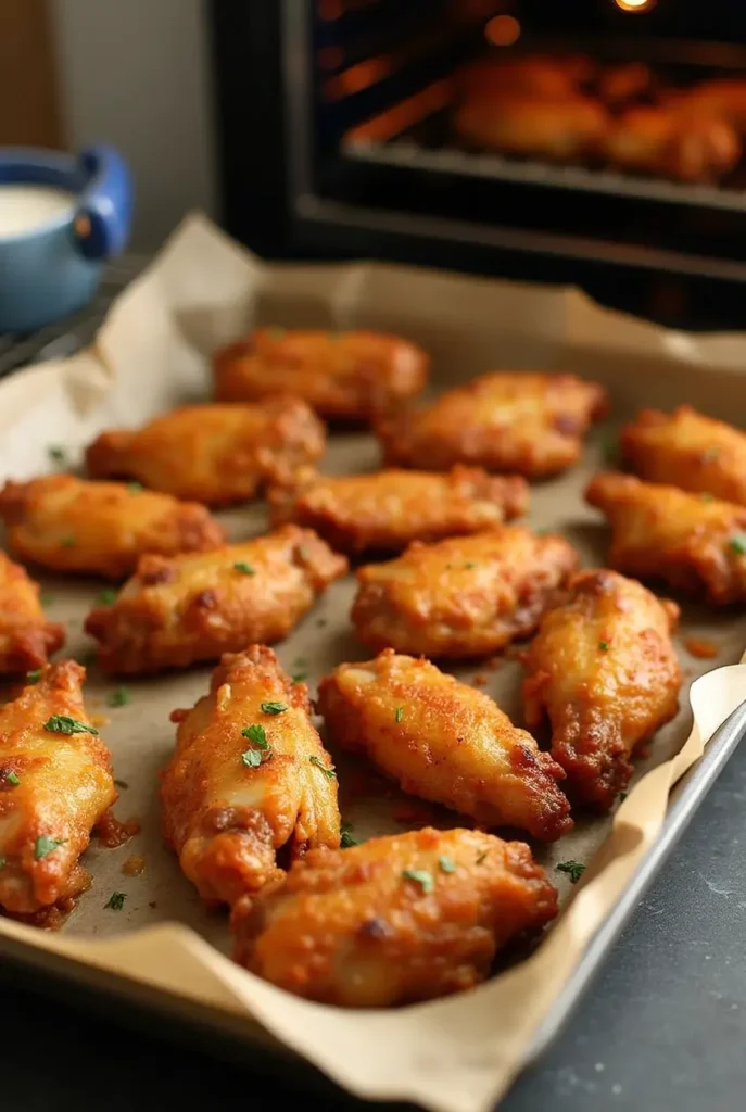 Golden, crispy oven-baked chicken wings on a baking sheet with seasoning.