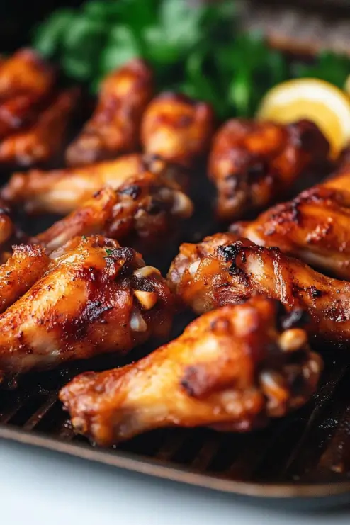 A delicious plate of crispy chicken wings served with dipping sauce and garnished with fresh herbs.