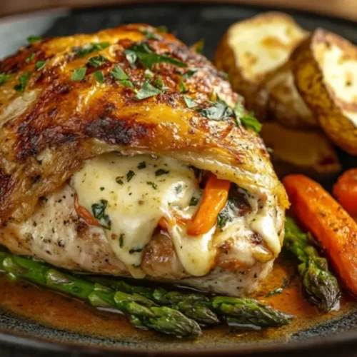 A beautifully grilled stuffed chicken breast with melted cheese and herbs, served with roasted vegetables on a plate.