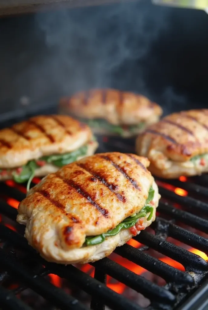 Grilled stuffed chicken breasts sizzling on a grill with golden-brown grill marks.
