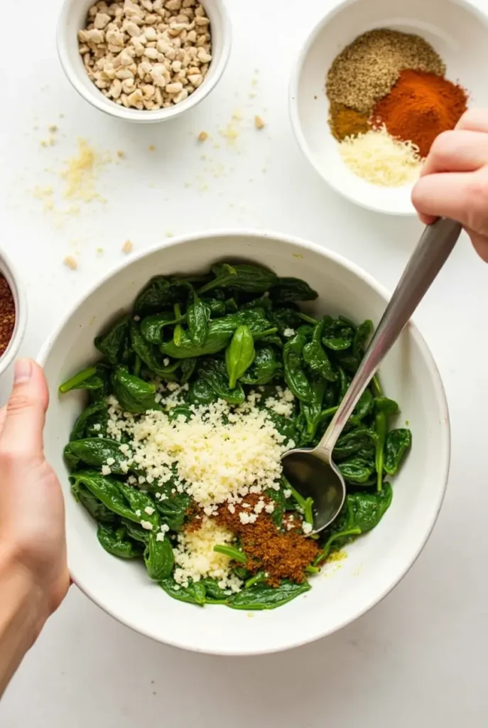 Mixing spinach, cheese, garlic, and spices in a bowl for stuffing.