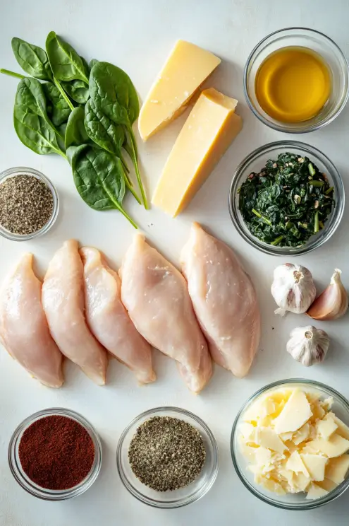 A flat lay of all ingredients for grilled stuffed chicken breast, including chicken breasts, cheese, garlic, and spices.