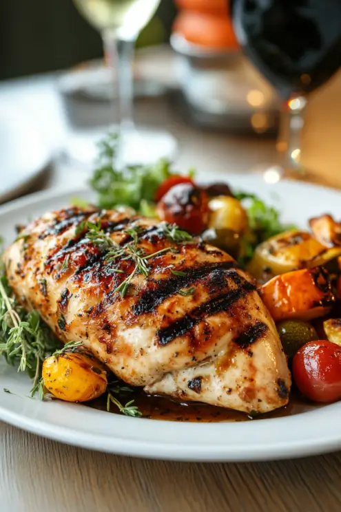 Finished grilled stuffed chicken breast plated with roasted vegetables and a fresh salad.