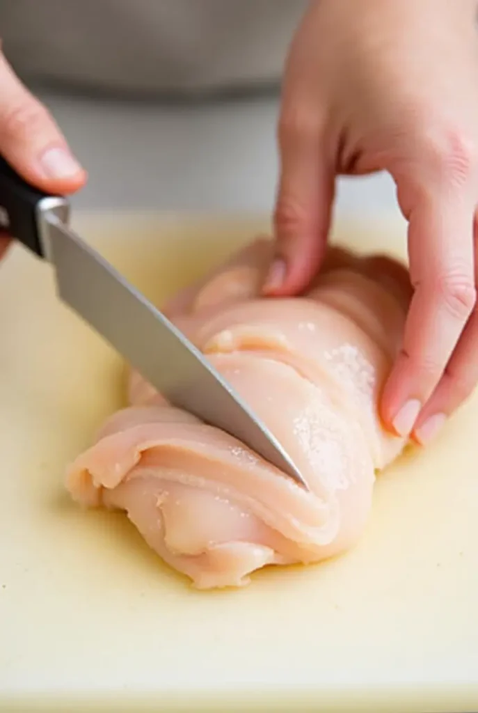 Close-up of hands butterflying chicken breasts on a cutting board.