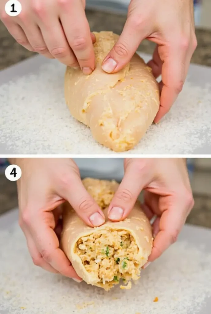 Hands stuffing chicken breasts with the prepared filling.